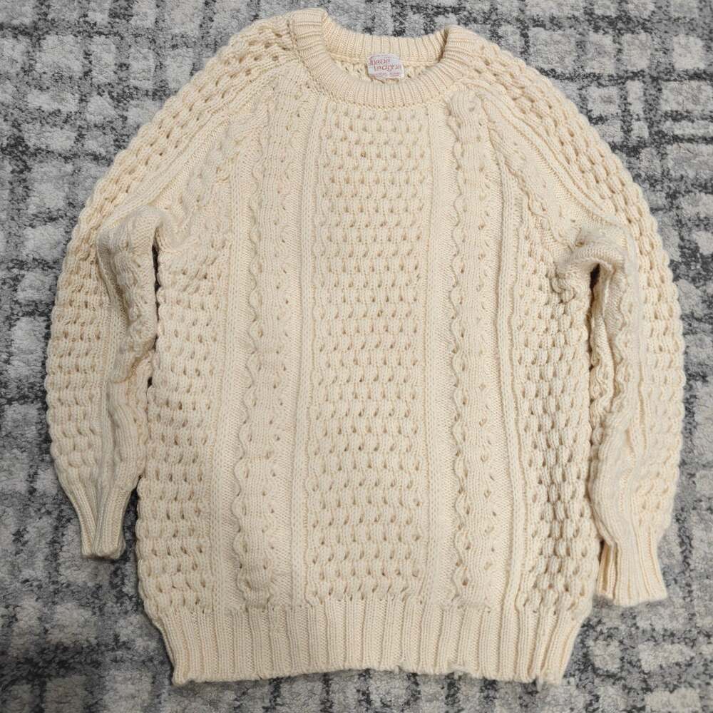 Vintage Slieve League Handknit Wool Aran Fisherman Sweater Cream Ireland 44